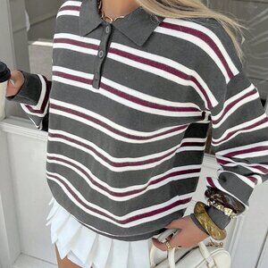 Dark Grey Women's Striped collar knit Sweater top